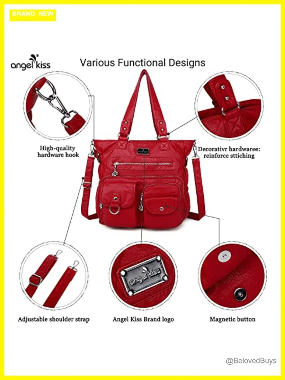 Large PU Leather Satchel Handbag with Adjustable Strap, 7 Pockets, Zipper